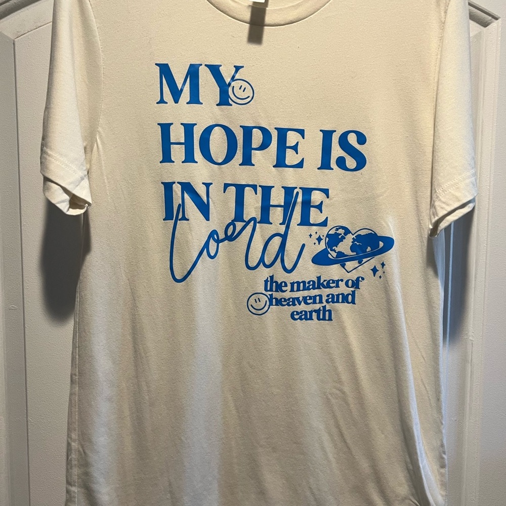 Cream T-Shirt with Blue Graphic Print